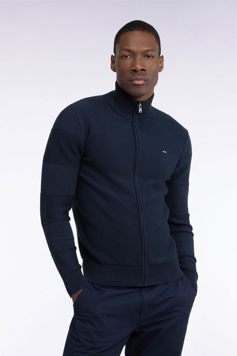 Cardigan en jersey coton marine zippé broderie dos rayée - Image 3