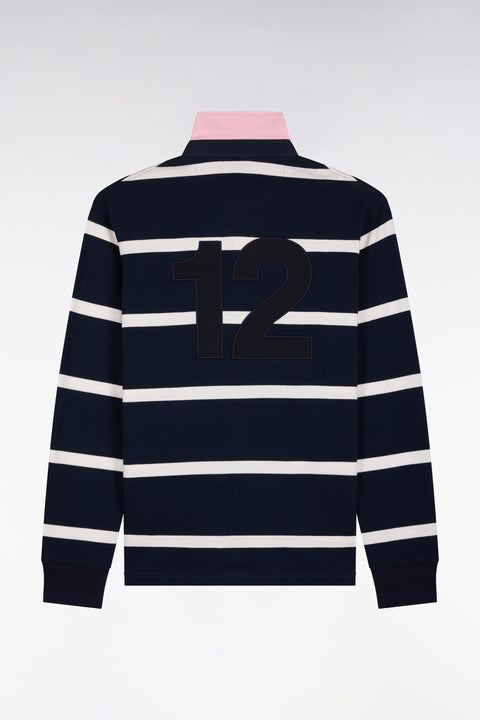 Long-sleeved jersey in navy striped cotton jersey with embroidery on the back - Image 2