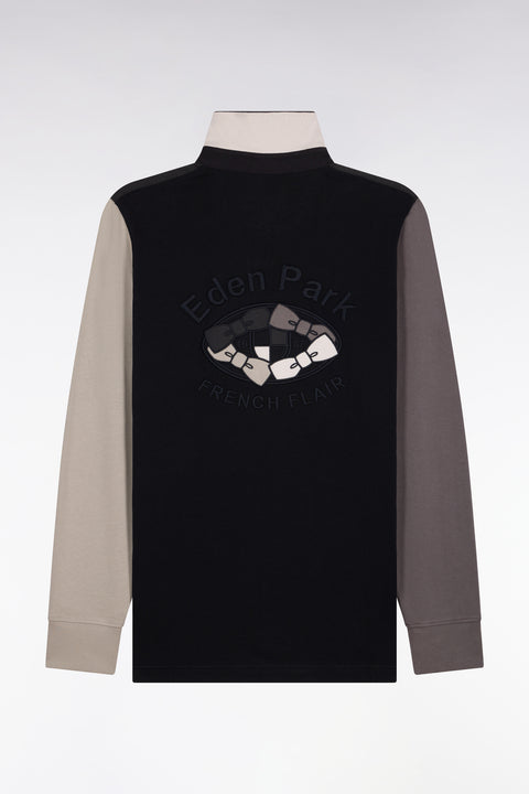 Long-sleeved jersey in dark gray tricolor cotton jersey embroidered straight cut - Image 2