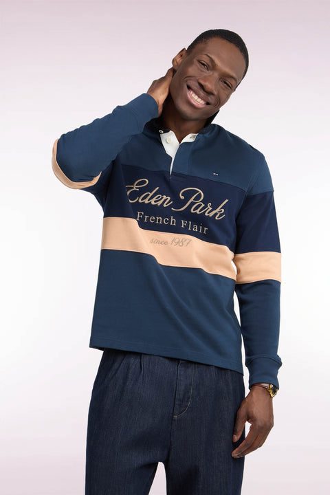 Long-sleeved cut-and-sew jersey in gray tricolor cotton with Héritage embroidery - Image 1