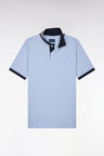 Short-sleeved polo shirt with striped undercollar in gray Pima cotton, straight cut