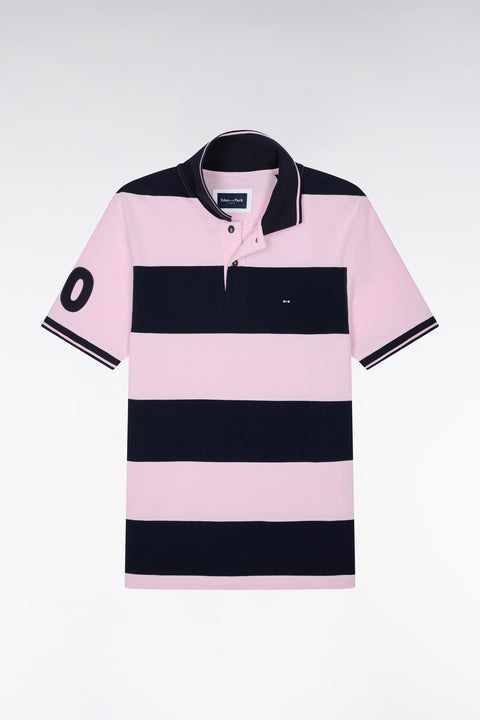 Short-sleeved polo shirt with pink and navy rugby stripes, straight cut - Image 2