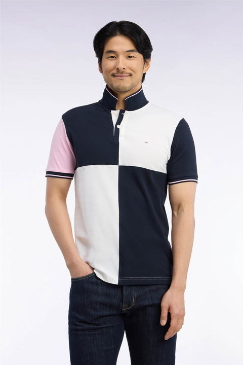 Short-sleeved polo shirt in three-color cotton piqué with ecru cutouts, straight cut - Image 3