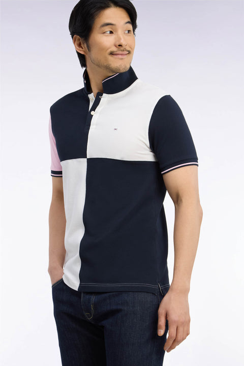 Short-sleeved polo shirt in three-color cotton piqué with ecru cutouts, straight cut - Image 1
