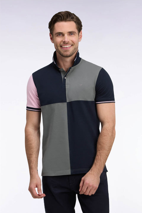 Short-sleeved polo shirt in three-color cotton piqué with khaki cutouts, straight cut - Image 3