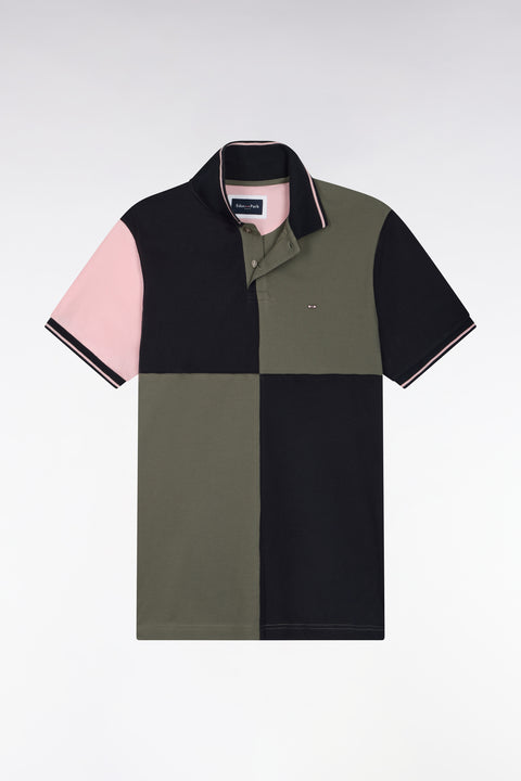 Short-sleeved polo shirt in three-color cotton piqué with khaki cutouts, straight cut - Image 2