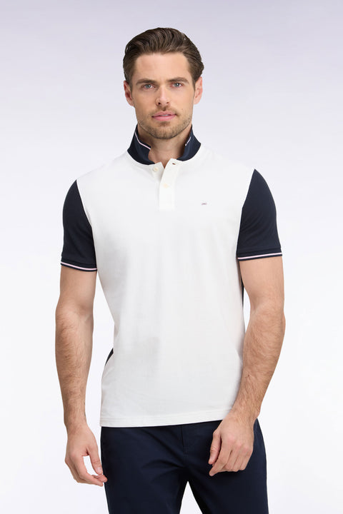 Polo manches courtes en piqué coton blanc et marine dos brodé coupe droite - Image 3