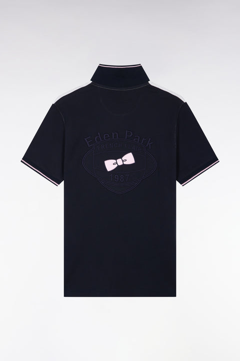 Polo manches courtes en piqué coton blanc et marine dos brodé coupe droite - Image 2