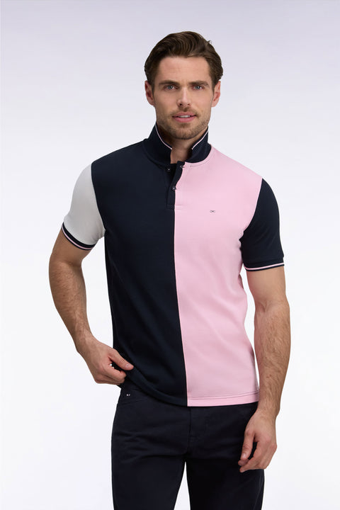 Short-sleeved polo shirt with navy and pink cutout, straight cut - Image 3