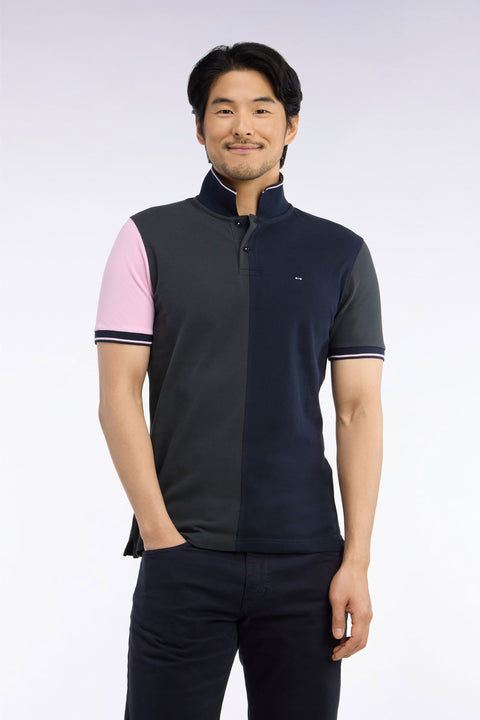 Short-sleeved polo shirt with navy and khaki cutouts, straight cut - Image 3