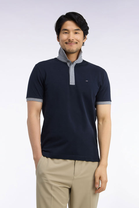 Polo manches courtes bicolore en coton marine et gris coupe droite - Image 3