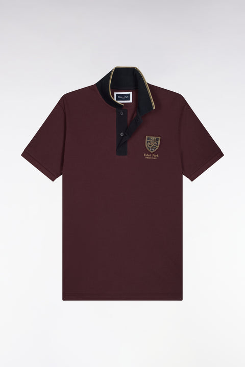 Polo manches courtes en piqué coton bordeaux à écusson coupe droite - Image 1