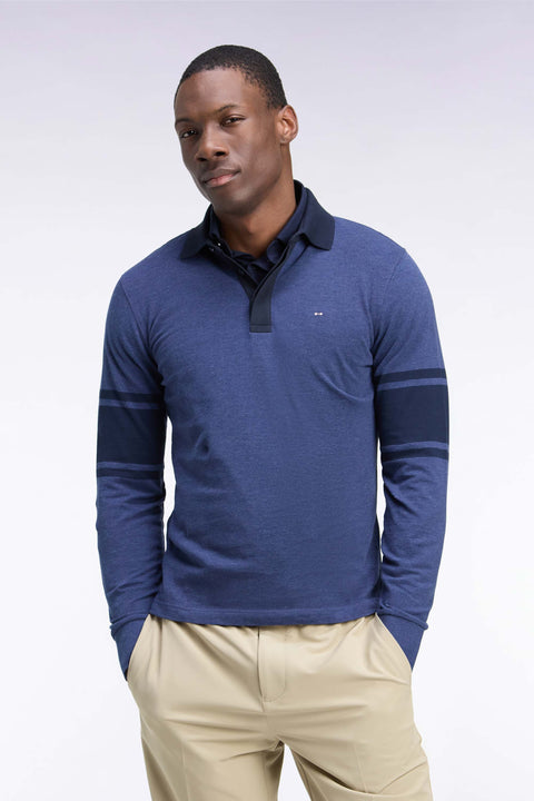 Long-sleeved polo shirt in blue and navy cotton pique straight cut - Image 3