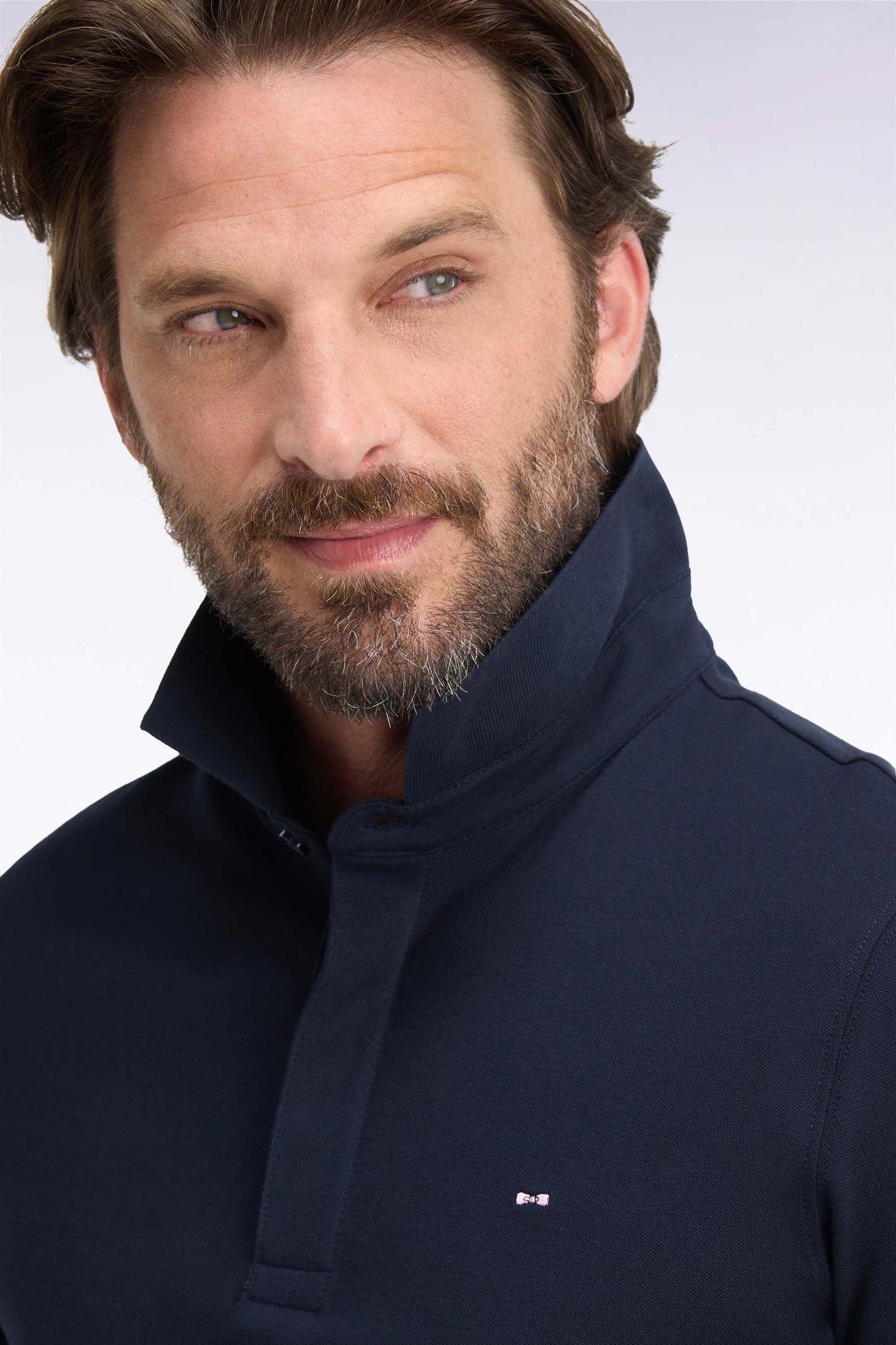 Polo manches longues en coton stretch marine coupe ajustée