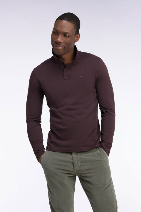 Polo manches longues en coton Pima marron coupe droite - Image 1