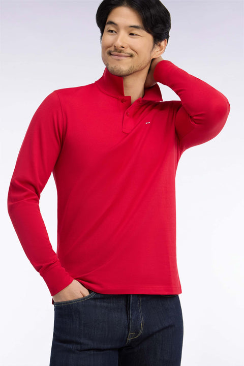 Long-sleeved straight-cut red Pima cotton polo shirt - Image 1