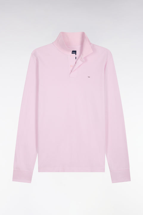 Long-sleeved straight-cut pink Pima cotton polo shirt - Image 2
