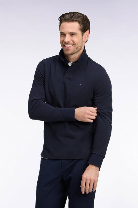 Polo à manches longues en piqué coton marine broderie dos - Image 1