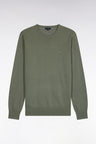 Round neck sweater in olive green wool and cotton, straight cut