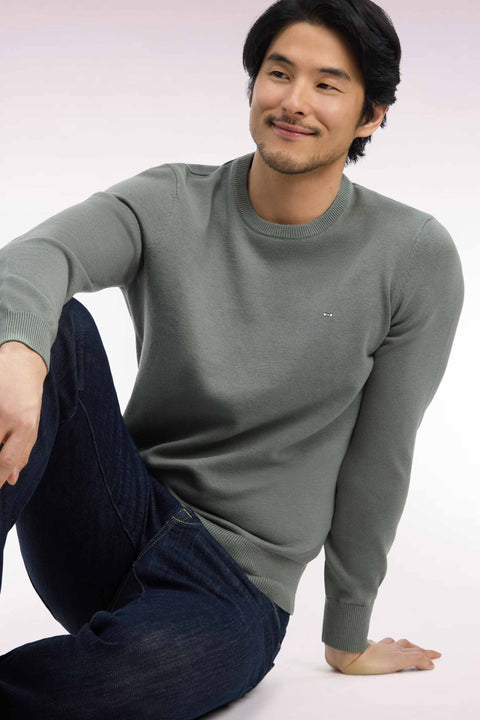 Round neck sweater in olive green wool and cotton, straight cut - Image 1
