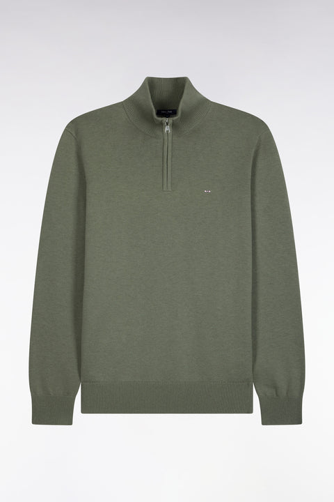 Straight cut olive green wool and cotton trucker neck sweater - Image 2