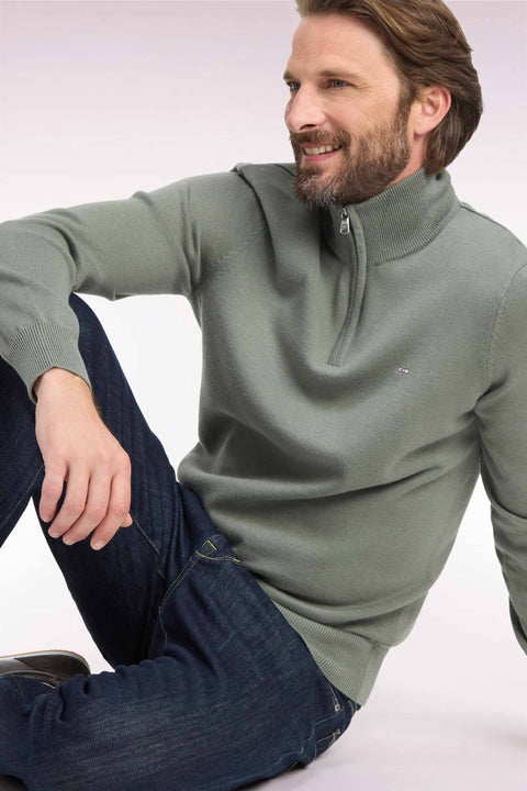 Straight cut olive green wool and cotton trucker neck sweater - Image 1