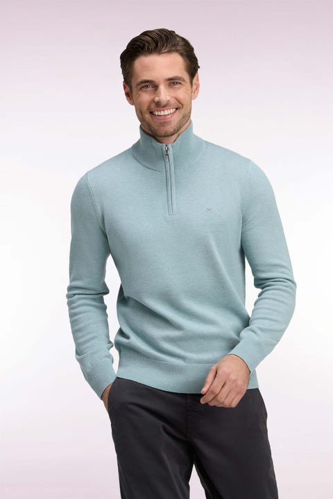 Straight cut water green wool and cotton trucker neck sweater - Image 1