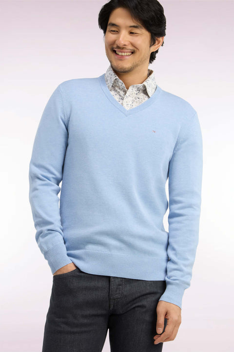 Pull col V en laine et coton ciel coupe droite - Image 1