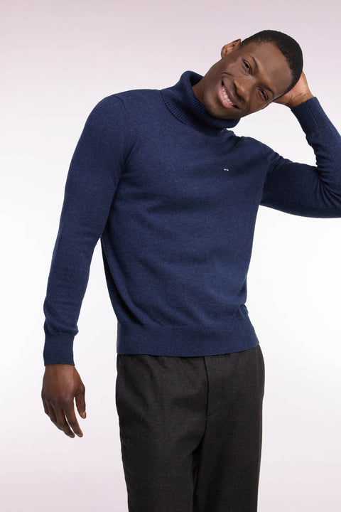 Straight cut blue wool and cotton turtleneck sweater - Image 1