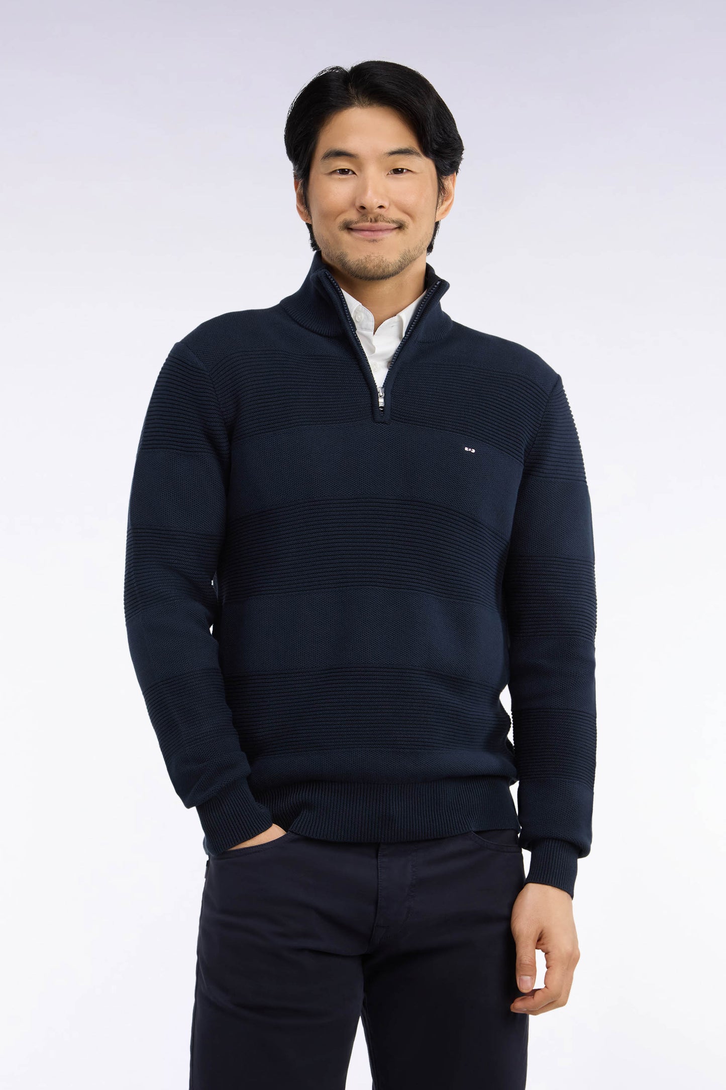 Pull à col camionneur zippé en maille marine à effets de rayures coupe regular