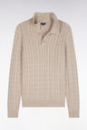 Cable-knit sweater with jersey collar in beige cotton, straight cut