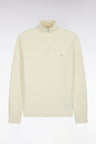 Straight cut ribbed ecru wool and cotton trucker neck sweater