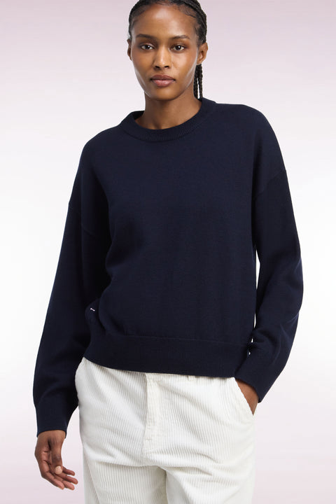 Pull col rond en laine et coton marine coupe oversized - Image 1