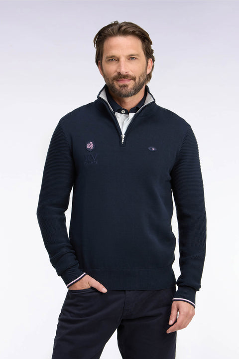 Pull à col montant zippé en coton marine broderie XV de France coupe regular - Image 3