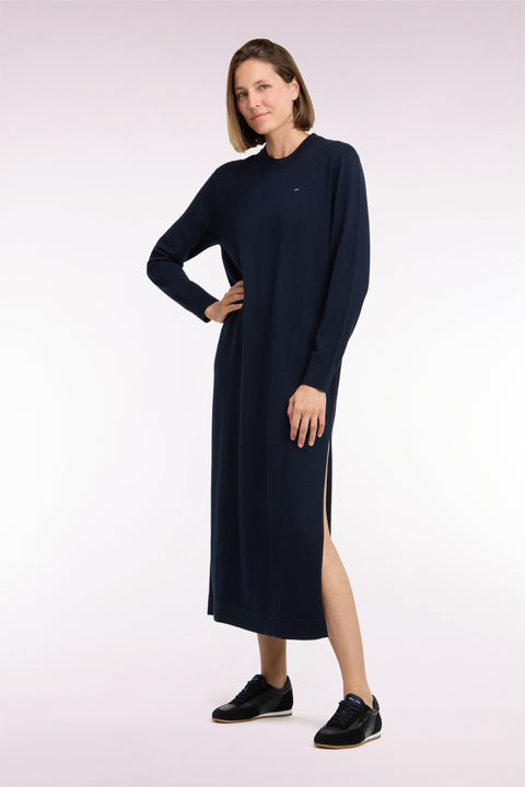 Straight cut navy wool slit midi dress - Image 1