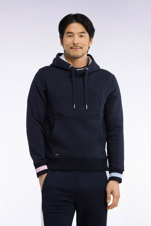 Straight cut embroidered navy cotton fleece hooded sweatshirt - Image 3
