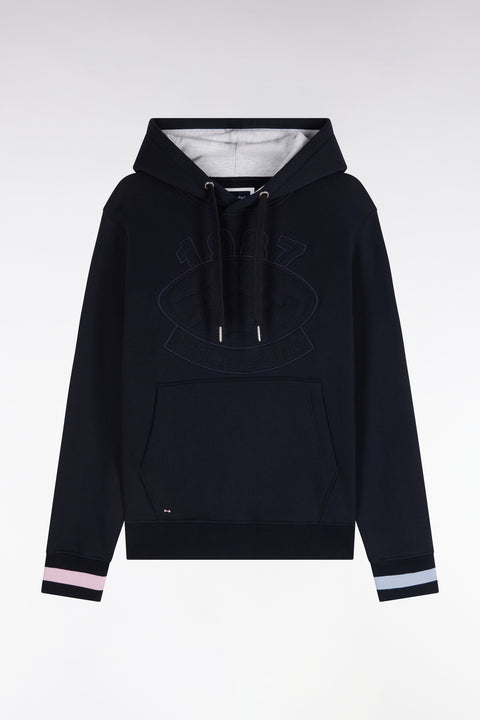 Straight cut embroidered navy cotton fleece hooded sweatshirt - Image 2