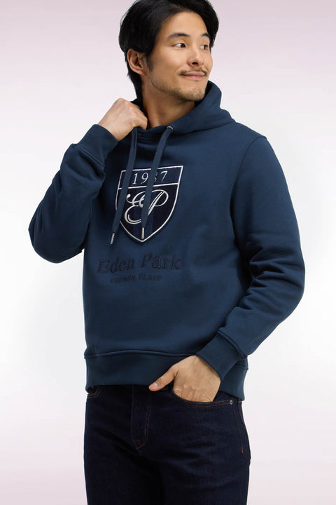 Gray cotton fleece hooded sweatshirt with heritage embroidery, straight cut - Image 1