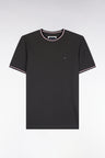 Short-sleeved khaki cotton T-shirt with striped ribbed straight cut