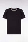 Short-sleeved black cotton T-shirt with striped ribbed straight cut
