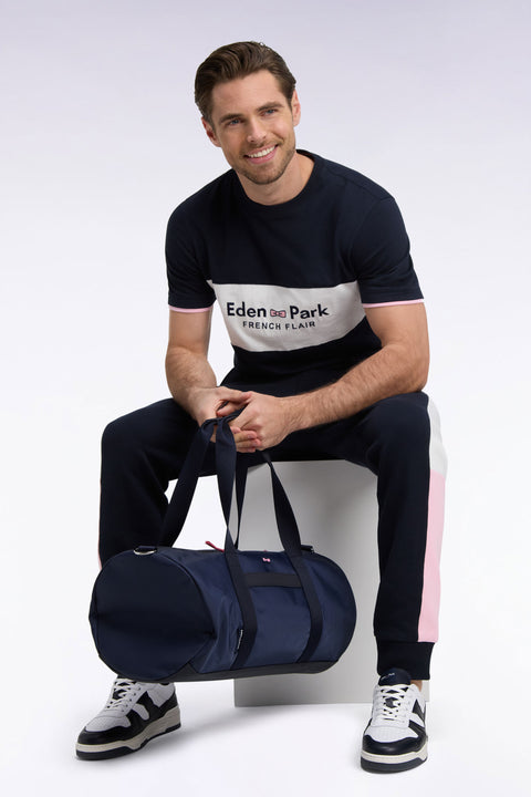 T-shirt manches courtes bicolore à découpe écrue brodé coupe droite - Image 1