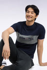 Two-tone short-sleeved T-shirt with khaki embroidered cutout, straight cut