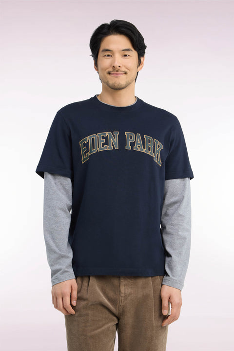 T-shirt manches longues effet superposition en coton peigné marine coupe droite - Image 3