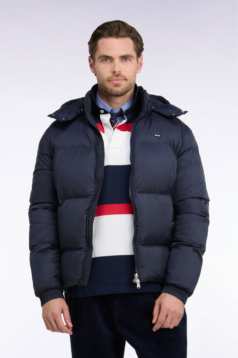 Navy nylon down jacket with removable hood - Image 3