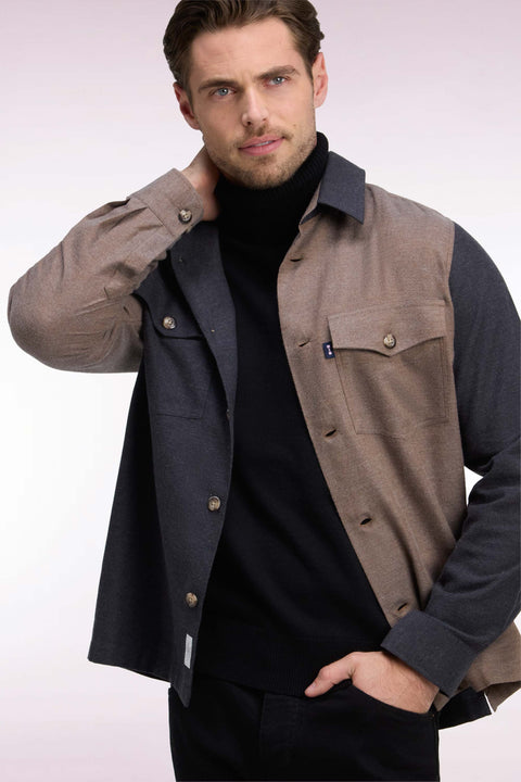 Surchemise en coton bicolore camel et kaki coupe droite - Image 1