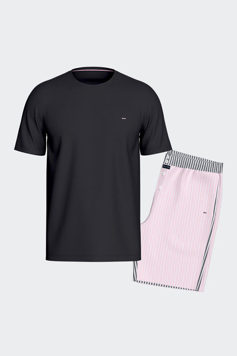 Short cotton pajamas set Navy T-shirt and navy and pink stick-striped shorts - Image 1
