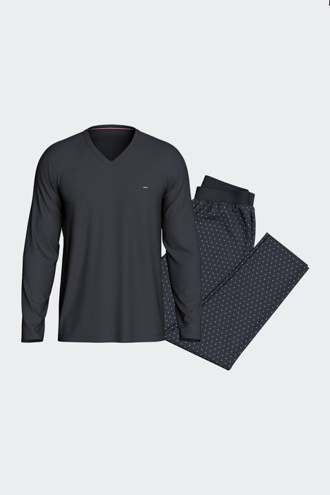 Ensemble pyjama long en coton T-shirt uni marine et pantalon imprimé pois - Image 1