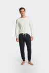 Long cotton pajamas set, plain ecru T-shirt and navy pants