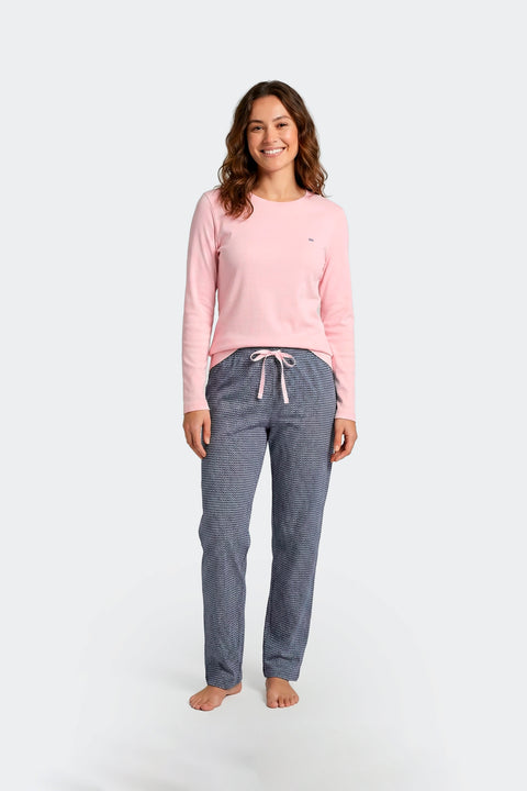 Long pajamas set in pink and navy cotton with fancy print - Image 2