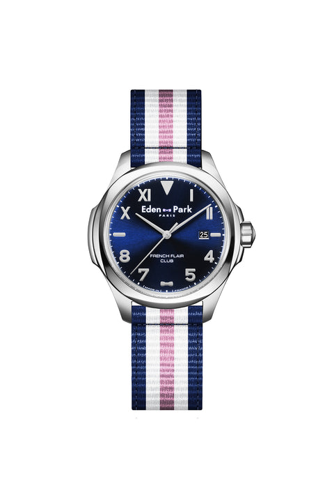 Quartz watch with blue background and three-tone NATO strap - Image 1